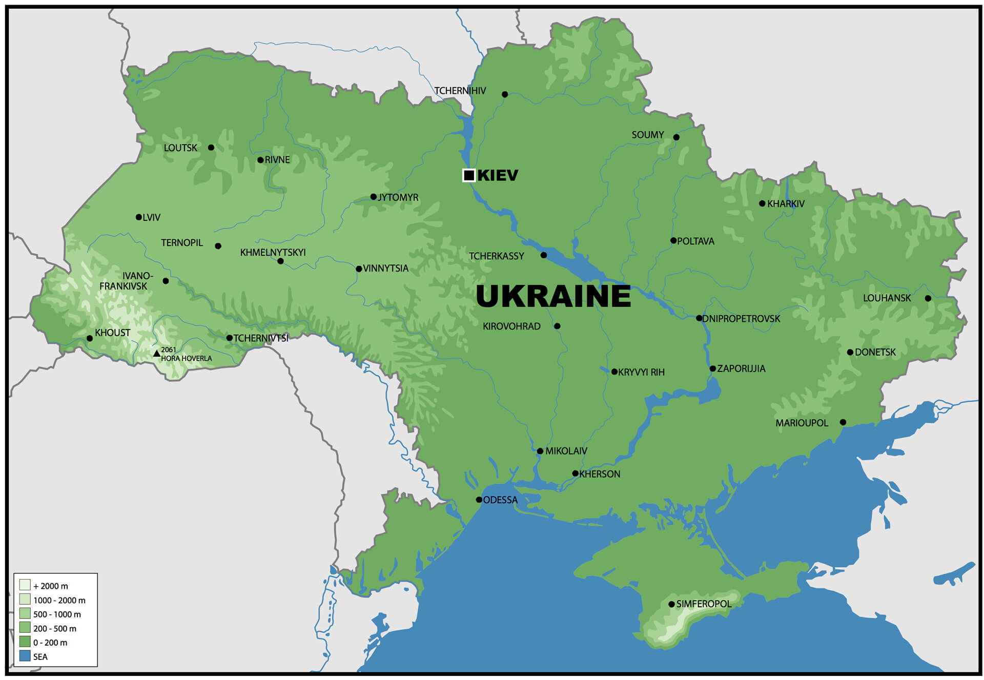 Large Size Physical Map of Ukraine